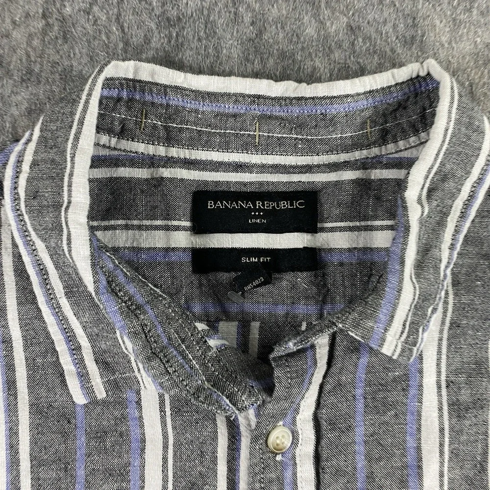 Banana Republic Linen Shirt Men's XL Slim‎ Striped Short Sleeve Gray Blue Summer